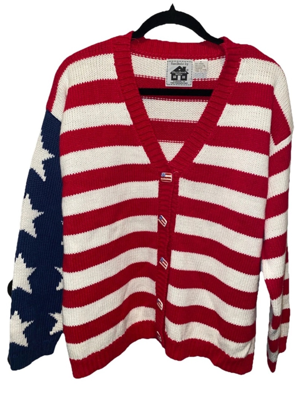 Vintage Cardigan Sweater Hand-knits Large American USA Flag‎ 4th of July
